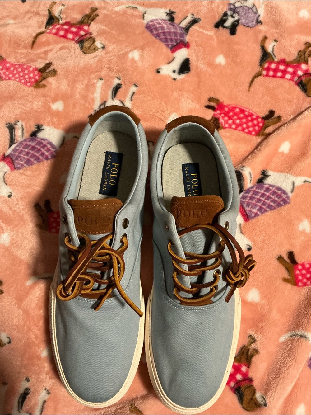 Polo by Ralph Lauren Men’s Light Blue Canvas Boat Shoes with Brown Trim